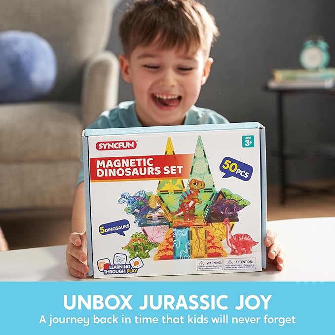 SYNCFUN Magnetic Building Tiles Dinosaur Set for Kids, 50PCS Including 5 Cute Dinosaurs, Educational STEM Toy for Boys & Girls Ages 3-5 4-8, Christmas Birthday Party Gift for Toddlers