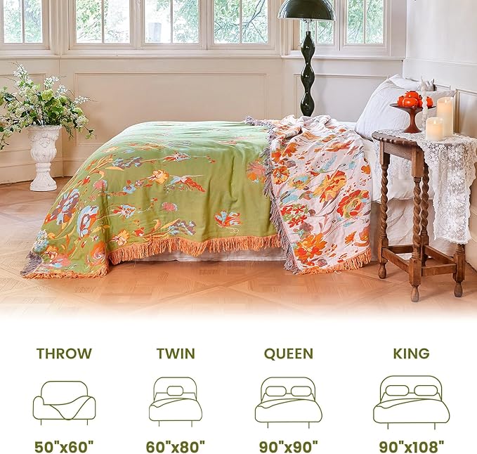 MSGKV Boho Throw Blanket 90"x108" 100% Cotton Flower Butterfly Blanket King | King Size Cotton Throw, Flower Butterfly Design, Reversible Woven, Summer Breathable, Farmhouse Home Decor, Machine Washable