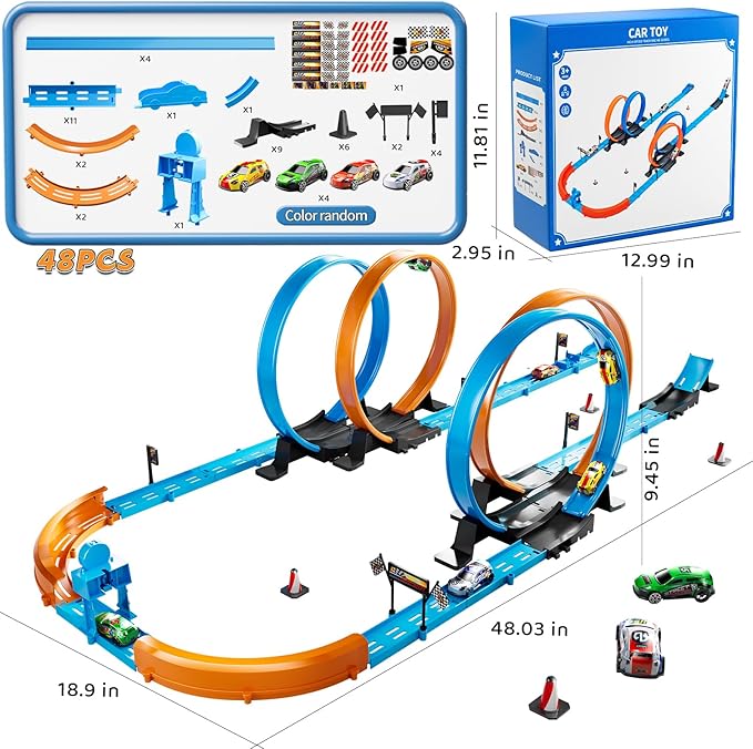 Toy Car Track Gift Set for Boys Kids Age 3-5 4-7 8-12, Long Race Tracks with 4 Action Loops and 4 High-Speed Slot Die-Cast Race Cars, 35+ Pieces Race Tracks to Create Multiple Configurations