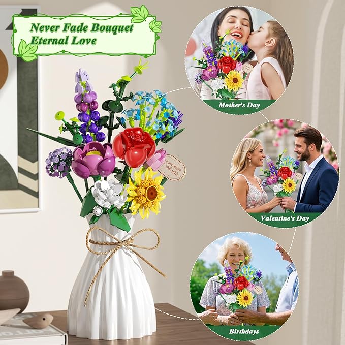 Flowers Bouquet Building Set, Botanical Collection Artificial Flower with Vase, Rose, Sunflower, Hydrangea, Jasmine for Home Decor, Plants Gifts for Mother's Day Anniversary Adults Women Girls