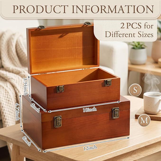 Sliner 2 Pcs Wooden Decorative Storage Boxes with Lids Vintage Wood Organizer Bins for Your Bookshelf Home Decor Safely Store Photos Documents Memory Jewelry Craft Storage (Warm Brown,S M Size)