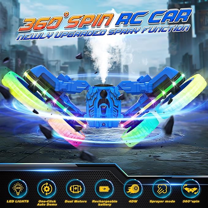 Jimdella RC Cars Toys, 2-in-1 Remote Control Car Transform 4WD with Spray & LED Lights, 2.4GHz Off-Road Stunt Truck for 360° Flips Gift for Boys Age 8-12 (Blue)