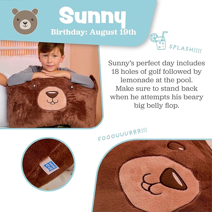 Saint Eve Kids Pillow Pals Fuzzy Pillow Case, Cute Animal Friends Soft Pillow Cover for Kids Beds and Nap Time - Sunny the Bear