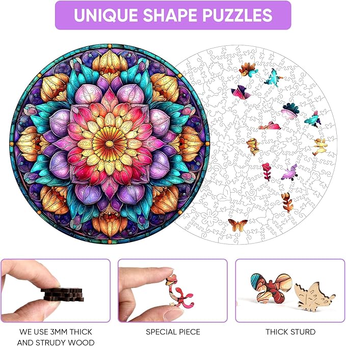 MEATRN Mandala Flowers Wooden Puzzles for Adults - 200 Pcs, 11.2x11.2 in, Fun Educational Wood Jigsaw Puzzle, Relaxing Wood Puzzle Game for Family & Friends Birthday Gift