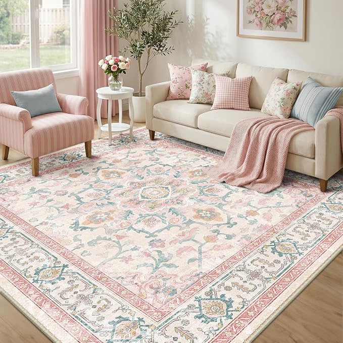 CAPALOCA Square 8ft Washable Nursery Girls Low Pile Area Rug Pink Teal | Non-Slip Soft Rugs for Bedroom Kids Playroom Living Room, Print Pattern Water Repellent Carpet Indoor Decor