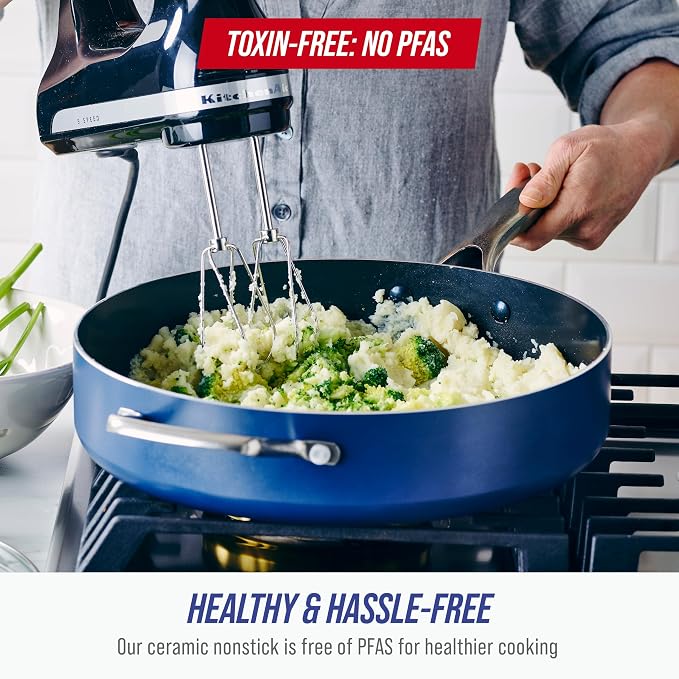 Blue Diamond 5QT Diamond Infused Ceramic Nonstick Sauté Pan with Lid, Blue | PFAS-Free Ceramic Nonstick Jumbo Cooker Skillet, Dishwasher & Oven Safe, Durable Metal Utensil Safe, Soups, Glass Lid