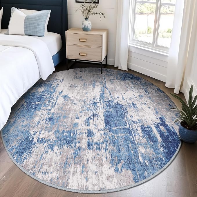 RELEANY Washable Round 8ft Area Rug for Living Room Blue Gray | carpet for bedroom, kitchen, office, hallway and entryway, printed pattern, non-slip, soft, stain-resistant, easy to clean