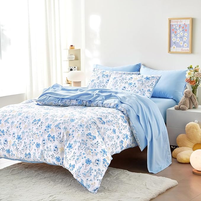 Wake In Cloud - Floral Bedding Set for Girls, Cute Colorful Botanical Flowers Patterned Soft Lightweight Comforter Set with Sheets, 5 Pieces Kids Bed in a Bag, Blue White, Twin Size