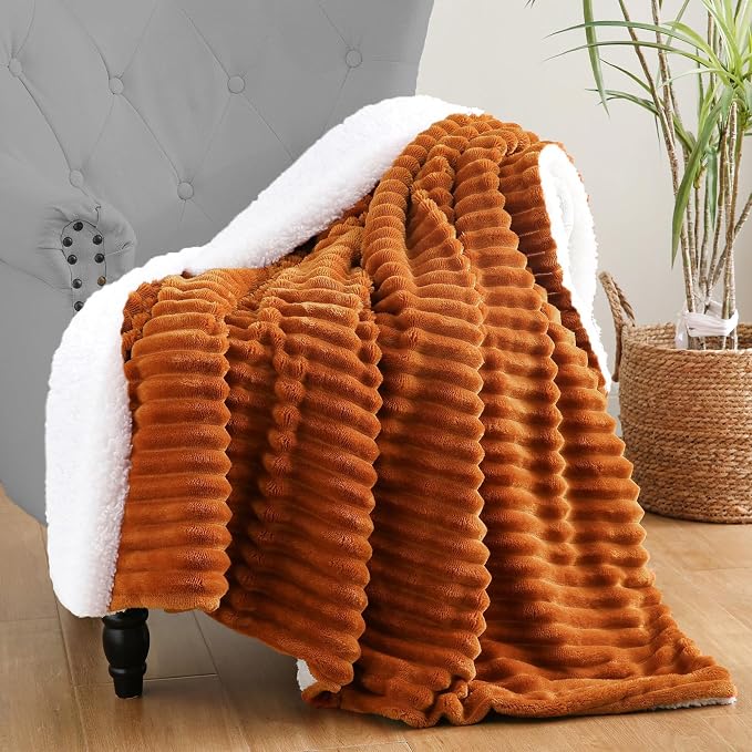 Burnt Orange Sherpa Fleece Throw Blanket 90”×90”for Couch Sofa Bed | Double Side Soft Fuzzy Cozy Plush Thick Flannel Blanket with Striped Design Gift for Adults,Woman