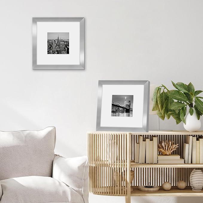 Americanflat 8x8 Picture Frame - Matted to 4x4 - Engineered Wood - Silver | Shatter-resistant glass, wall or tabletop display with included easel, sawtooth hangers included