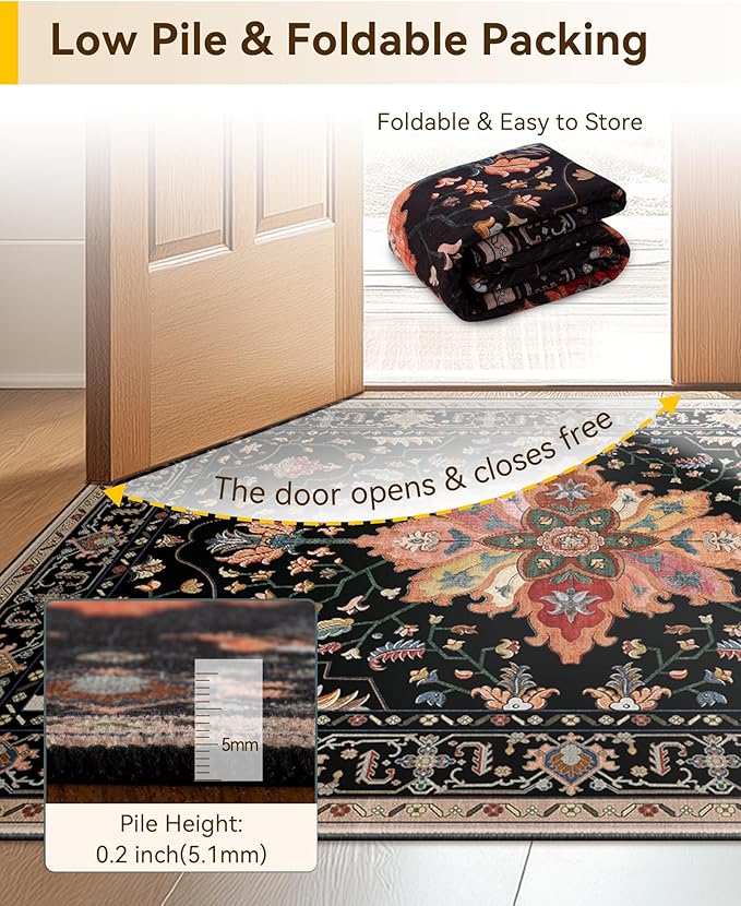 RELEANY Area Rugs Large 10'x14' Washable Non-Slip, Floral Vintage Distress Medallion Carpet for Living Room Bedroom Dining Room, Black Colorful Floral Dark Tan