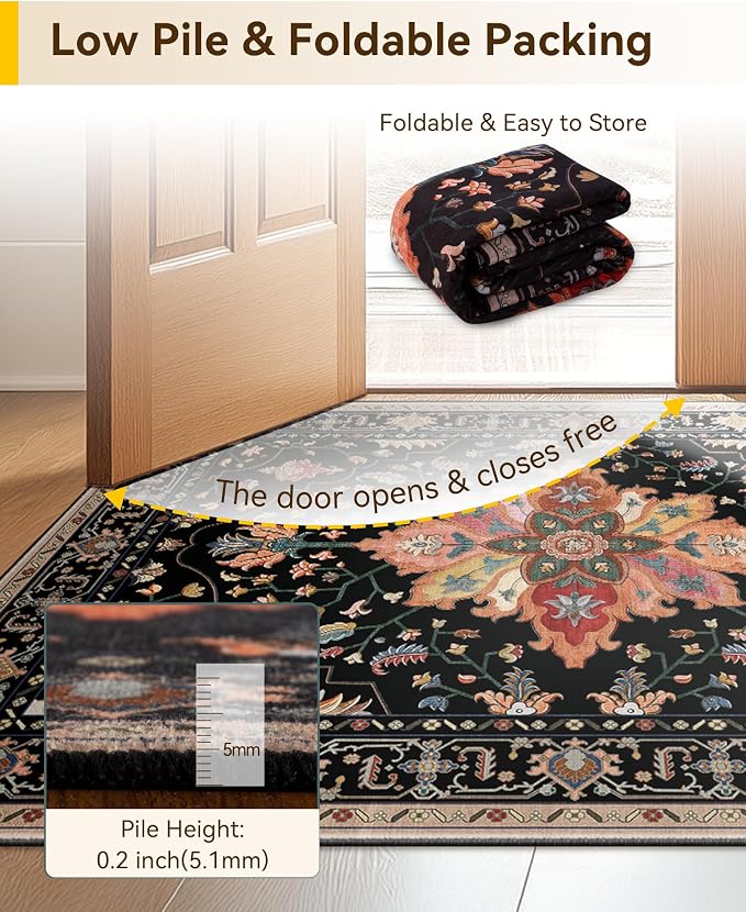 RELEANY Area Rugs Runner 2'6"x8' Washable Non-Slip, Floral Vintage Distress Medallion Carpet for Kitchen Hallway Bedroom Beside Laundry Room Bathroom, Black Colorful Floral Dark Tan