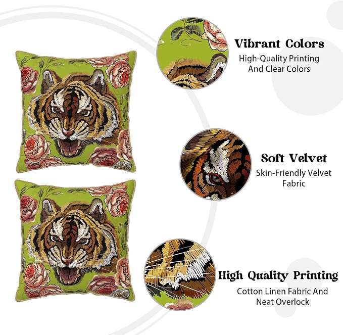 Tiger Flower Green Velvet Pillow Covers 18x18 Inch Pink Floral Animal Throw Pillows for Couch Cushion Covers Pillowcase Farmhouse Modern Pillow Cases for Sofa Bed Living Room Bedroom