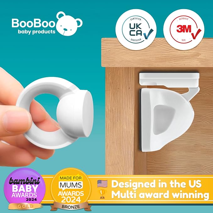 Booboo Baby Magnetic Child Safety Cupboard Locks for Children x10 Locks + x1 Key, Baby Proofing for Kitchen, Cabinets and Drawers, 30 Second Install No Drilling 3M Adhesive (10 Pack)