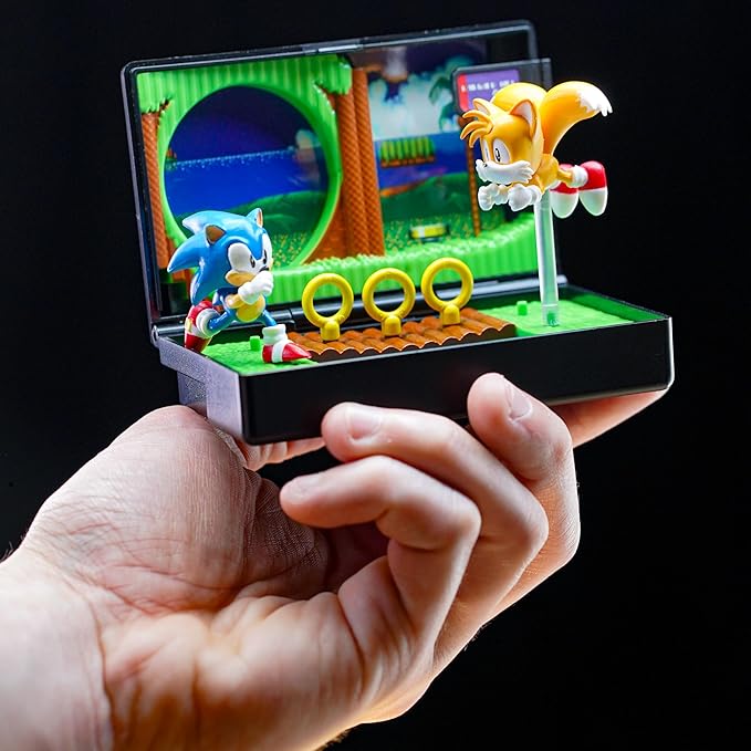 Sonic The Hedgehog 2 Collectible Diorama Playset – Mini Sonic & Tails Figures with Emerald Hill Zone Scene – Retro SEGA Genesis Cartridge