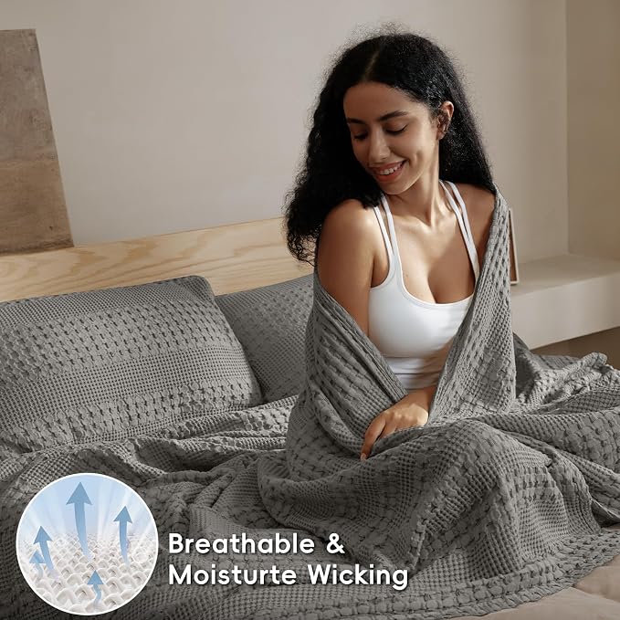 PHF 100% Cotton Waffle Blanket Twin Size, Lightweight Breathable Summer Blanket for Hot Sleepers, Pre-Washed Soft Layer for Bed, Dorm, Couch & Guest Room, Home Decor Gift, 66"x90", Dark Grey