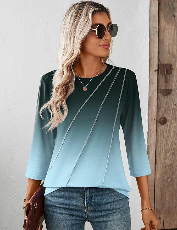 LOMON 3/4 Length Sleeve Womens Tops Spring Summer Fashion 2026 Tops Crew Neck Pleated Shirts Tunic Top Loose Fit