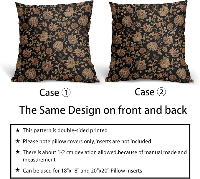 Black Brown Floral Pillow Covers 20X20 Inch Set of 2 Vintage Boho Carpet Flowers Decorative Pillow Cases Leaves Plant Cotton Linen Cushion Case Farmhouse Home Decor for Sofa Couch Living Room