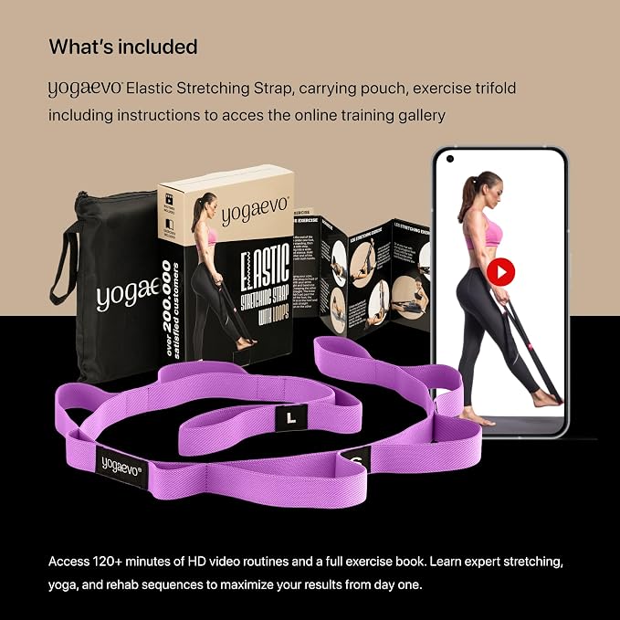 YogaEVO Stretching Strap with Loops for Physical Therapy — Yoga Strap & Resistance Band in One — Flexibility & Back Recovery — HD Video Routines Included