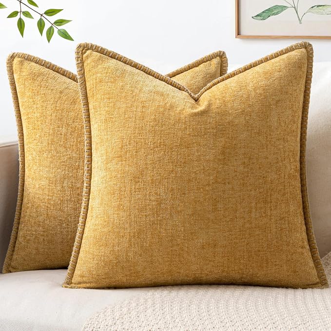 MIULEE Decorative Euro Sham Pillow Covers 24x24 Inch Gold 2 Pack | Mustard Yellow, Farmhouse Throw Pillow Covers with Stitched Edge, Soft Chenille Cushion Cases, for Couch Sofa Bed Living Room