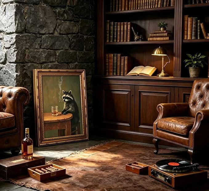 Vintage Gold Framed Smoking Raccoon Wall Art,Moody Dark Funny Animal Whiskey Cigar Canvas Print,Humor Funny Raccoon Wall Decor,Retro Bar Cart Poster Artwork,for Study Living Office Bar Decor