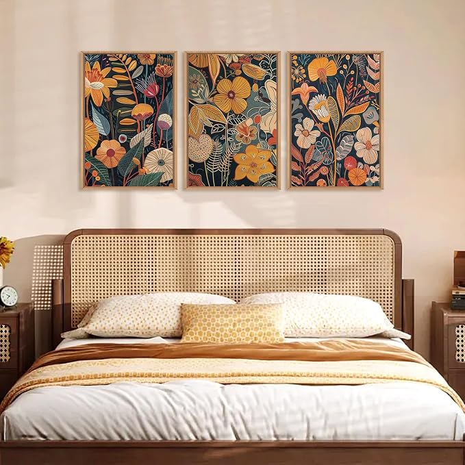 FWIEXA Boho Orange Floral Framed Wall Art Set of 3, Modern Botanical Canvas Wall Prints, Brunt Rust Pictures Wall Decor, 16x24 Inches Fall Plant Painting for Living Room, Bedroom, Office
