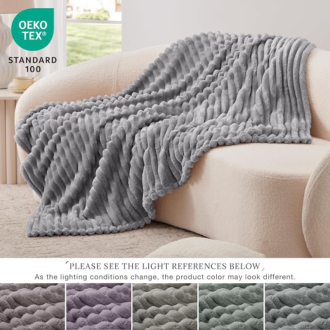 EXQ Home Fleece Throw Blanket for Couch or Bed - 3D Stripe Jacquard Decorative Blankets - Cozy Soft Lightweight Fuzzy Flannel Blanket Suitable for All Seasons(50"×60",Light Grey)