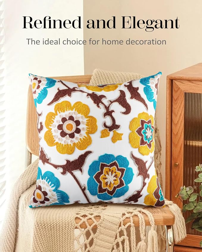 Embroidered Throw Pillow Cover - 18x18 Decorative Pillow Cover with Zipper Aesthetic Cute Design Boho Spring Summer Cozy Throw Pillowcase for Living Room Couch Sofa Bed, Floral