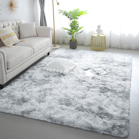 6x9 Tie-Dye Gray Shag Rug for Bedroom, Soft Plush Fluffy Carpet | Gray Area Rug for Living Room, Kids Nursery, Boys Dorm Room, Washable Non Slip Shaggy Carpet