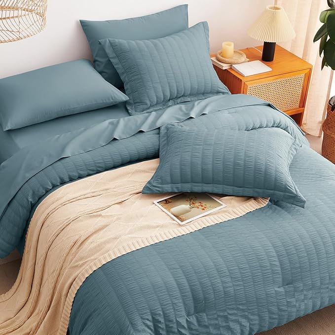 CozyLux Queen Comforter Set Mineral Blue Seersucker 7 Pieces Bed in a Bag Queen Comforter Set with Sheets, Luxury Bedding Set with Down Alternative Comforter, Sheets, Pillowcases & Shams All Seasons