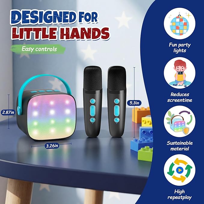Mini Karaoke Machine with 2 Wireless Microphones, TOP Kids Gifts for Girls Ages 3, 4, 5, 6, 7, 8, 9,10,11,12 +Year Old, 4-12 Years Old Birthday Toy Gift for Girls Boys Party (Black Blue)