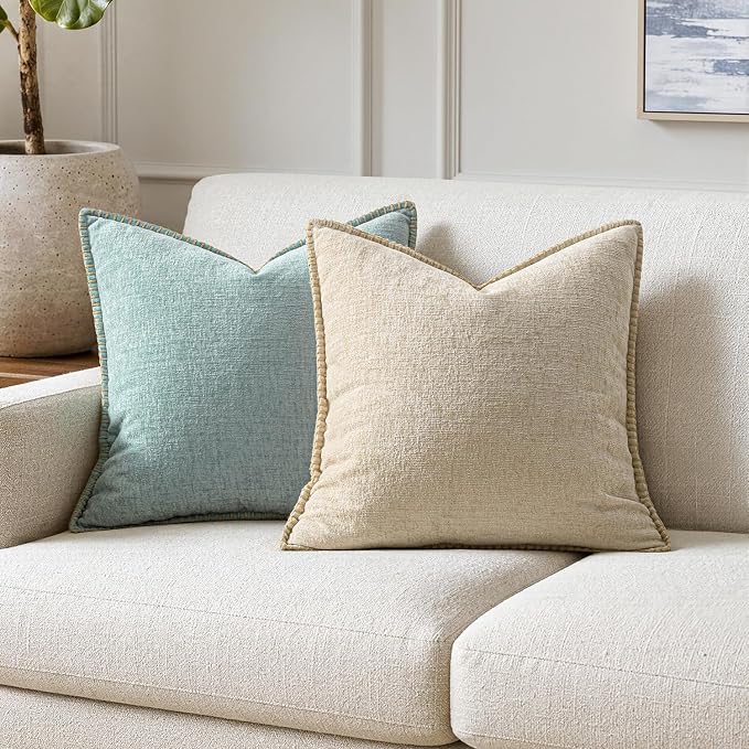 MIULEE Decorative Couch Throw Pillow Covers 20x20 Inch Beige 2 Pack | Neutral Farmhouse Pillow Covers with Stitched Edge, Soft Chenille Cushion Cases, for Sofa Bed Living Room Home Decor
