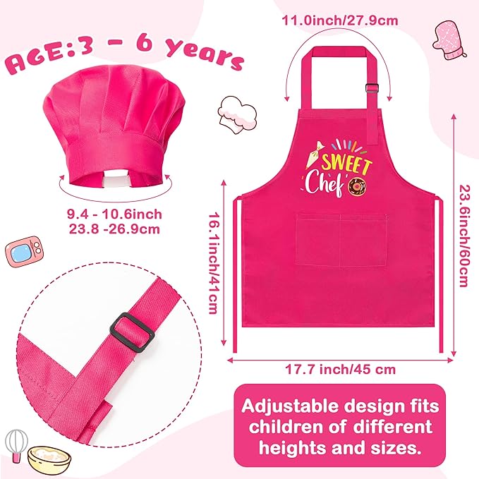 R HORSE 2Pcs Kid Apron and Chef Hat Set, Rose Red Adjustable Children Kitchen Toddler Apron for Girls, Dress up Role Play Chef Toy Funny Birthday Gift for Kids Cooking Baking Painting