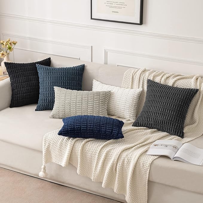 MIULEE Corduroy Decorative Throw Pillow Covers 20x20 Navy Blue Pack of 2 | Soft Boho Striped Pillow Covers Modern Farmhouse Coastal Home Decor For Sofa Living Room Couch Bed