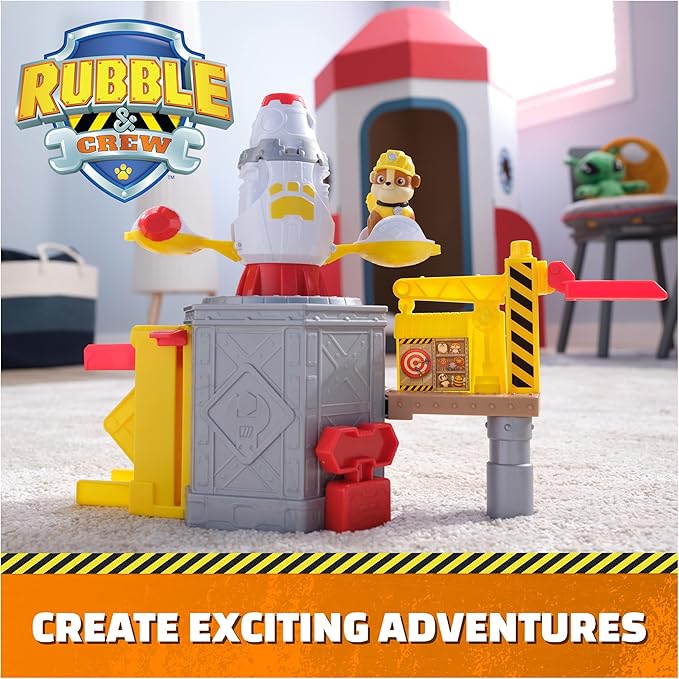 Rubble & Crew, Launch & Spin Spaceship Playset with Rubble Toy Figure in Construction Uniform, Kids Toys for Boys & Girls Ages 3 and up