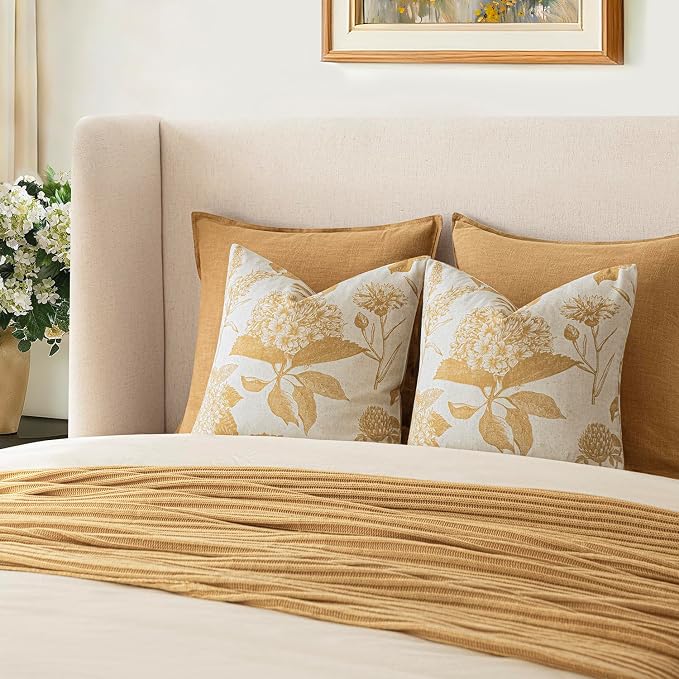 Foindtower Set of 2 Linen Floral Vintage Throw Pillow Covers Neutral Accent Print Decorative Cozy Cushion Covers Farmhouse Home Decor for Sofa Chair Couch Bed Living Room,22×22 Inch,Light Yellow