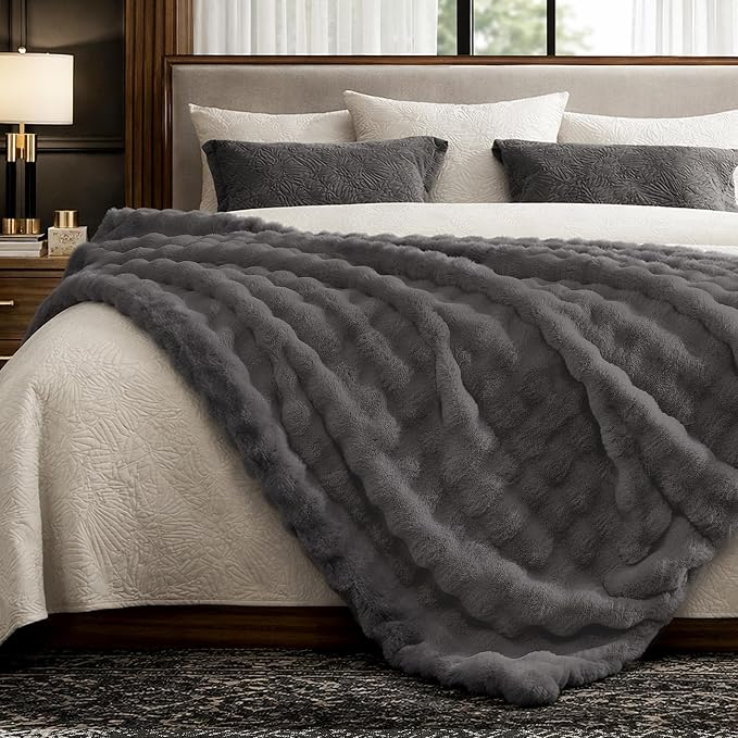 Cozy Bliss Faux Fur Bubble Throw for Couch, Fuzzy Soft Plush Thick Blanket for Sofa Bedroom Living Room, 60x80 Inches Charcoal Grey