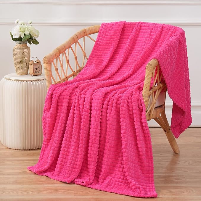 Puncuntex Fleece Throw Blanket Hot Pink 60"×80" with Square Grid Design | Super Soft Plush Cozy Flannel Throw Blanket Luxury for Couch Sofa Chair