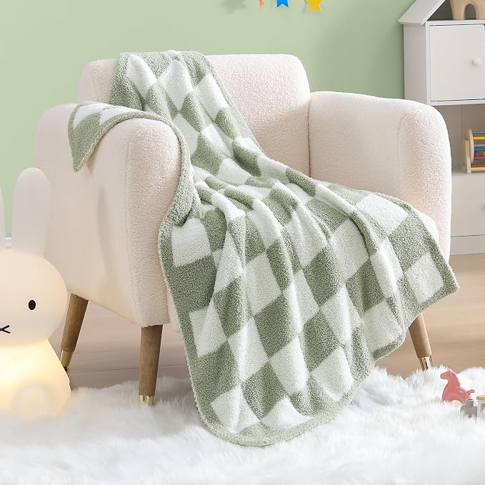 Soft Checkered Throw Blanket for Couch-Cozy Warm Knitted Blankets | Lightweight Fluffy Decor for Boys & Girls, Sofa, Chair, Bed, 30x40in,Sage Green