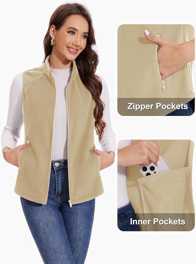 MAGCOMSEN Women's Fleece Vest with Zipper Pockets Zip Up Sleeveless Jackets Lightweight Soft Warm Polar Vest Outerwear