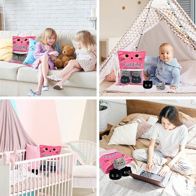 Cute Black Cat Plush Toy, Removable Stuffed Animal Plush Dolls, Soft Cute Gray Cat Plush Pillow Throw Pillow Home Decoration Gift for Kids Girls (6pcs a Bag, Pink)