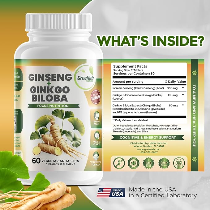 GreeNatr Ginko Biloba & Panax Ginseng Supplement - Red Ginseng Brain Supplement for Memory and Focus - Ginkgo Biloba Supplements for Good Vision, Immune System and Improved Blood Flow - 3 Bottles