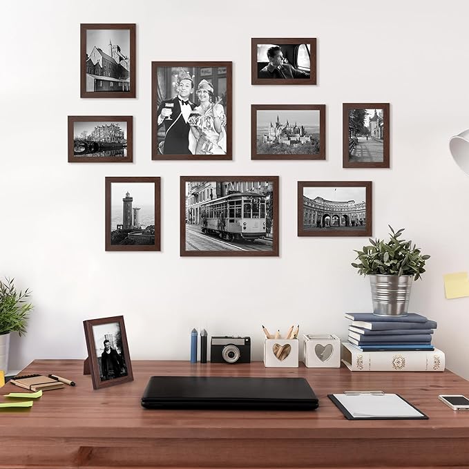 upsimples 10 Pack Picture Frames Collage Wall Decor for Mounting or Tabletop Display, Photo Gallery Frame Set for Family, Multi Sizes Including 8x10, 5x7, 4x6, Brown | Multi Picture Frames Collage Wall Decor, Gallery Wall Frame Set, Gift For Christmas,...