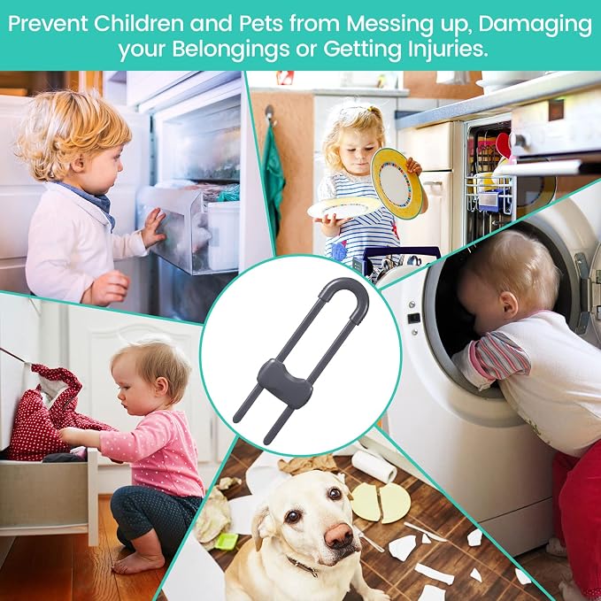 Jetec 10 Pack Baby Cabinet Locks, No Adhesive No Drill Child Safety Locks for Cabinets with Knobs or Handles, Adjustable U-Shaped Child Proof Latches for Cupboards, Fridge, Closet, Pets(Gray)