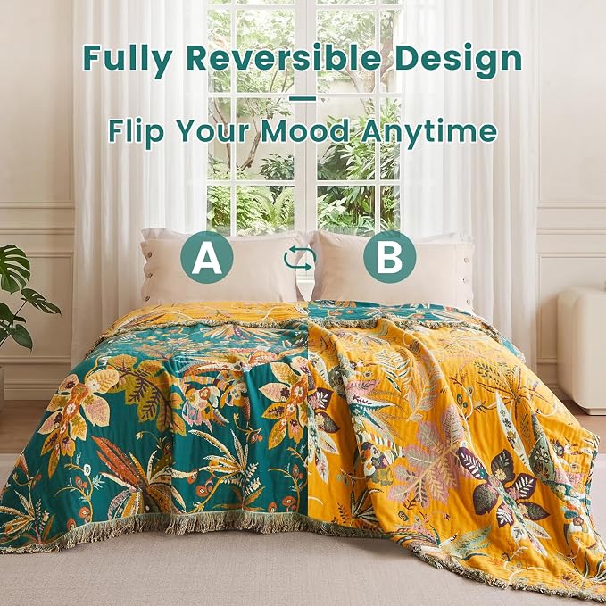 MSGKV Boho Throw Blanket 60"x80" 100% Cotton Floral Muslin Blanket for Sofa | 100% Cotton Muslin, Twin Size Throw Blanket, Floral Home Accent, Soft & Breathable, Lightweight Comfort, Machine Washable