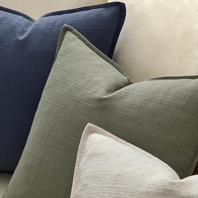 MIULEE Thick Textured Decorative Throw Pillow Covers 20x20 Inch Olive Green | Set of 2, Linen Blend Pillow Cover, Flange Edge Design, Farmhouse Modern Boho Style, Bed Couch Living Room Decor
