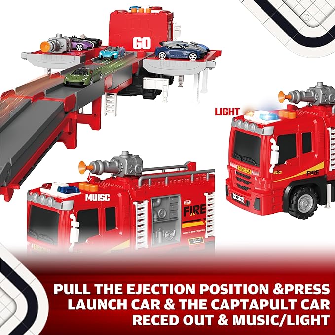 3in1 Fire Trucks Toys for Toddlers Ages 3-5, Carrier Toy Truck & Foldable Race Track, 12 Die Cast Cars Firetruck Toys for Toddlers 1-3 3-5 w/Light & Sound, Kids' Play Cars & Race Cars for Boys Girls