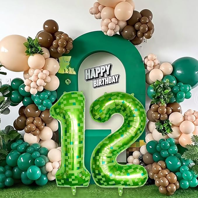 Gaint Green Pixel Number 12 Balloon, Dark Kelly Green Self Inflating 12 Balloons Number, 40 Inch Pixel Foil 12 Balloon for Boys Kid 12th Birthday Party Video Game Forest Golf Patrick's Day Decorations