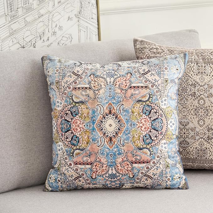 Boho Floral Throw Pillow Covers 16x16 inch Set of 2,Blue Boho Rug Geometric Floral Pattern Decor Double Sided Pattern Cushion Cover Soft Pillow Case Living Sofa Room Bed Square Pillow Cover