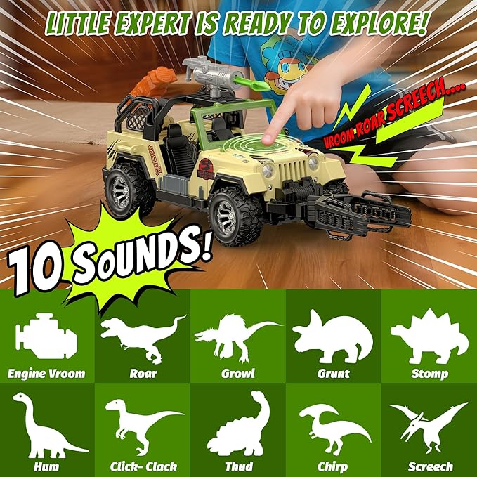 EKU Dinosaur Truck with 10 Sounds, Capture Net, Clamp, Launcher, Wing Flapping Quetzalcoatlus Figure, Human, Push and Go Adventure Vehicle for Jurassic World Toys Pretend Play Gifts for Kids 3+
